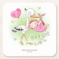 *~* Stork Baby Girl Heart  Flowers Baby Shower Square Paper Coaster