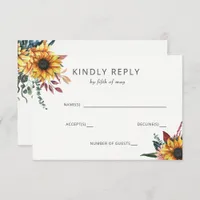 Rustic Watercolor Burgundy Sunflowers Fall Wedding RSVP Card