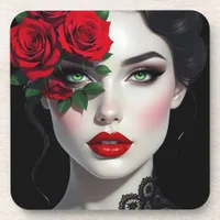 I Love You | Beautiful Woman with Red Rose Beverage Coaster