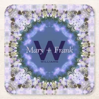 Purple Lilac Fractal Lace Monogram Paper Coasters