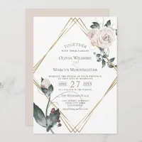 Wedding | Gold Frame Pale Pink Watercolor Roses Invitation