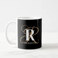 Modern Script Monogram Name Black Gold Coffee Mug