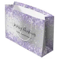 Christmas silver violet sparkles name large gift bag