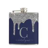 Silver Sparkle Glitter Drips Navy Blue Monogram Flask