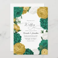 Emerald Green, White & Gold Floral Wedding Invitation