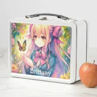 Anime Girl and Butterfly Watercolor Ai Art  Metal Lunch Box