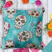 Sugar Skulls and Swirls Rose Turquoise ID725 Throw Pillow