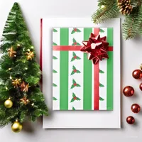 Festive Holly Green Stripes Christmas Wrapping Paper