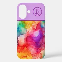 Abstract Alcohol Ink Style Rainbow Monogrammed iPhone 16 Case