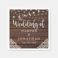 Rustic Wood String Lights Lace Wedding Napkins