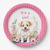 Puppy Dog in Flowers Girl's Baby Shower Its a Girl Paper Plates