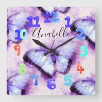 Ethereal Marvelous Morpho Blue Lilac Butterflies  Square Wall Clock