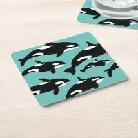 Ocean Orca Killer Whales on Blue Square Paper Coaster