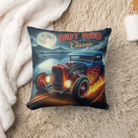 Classic hot rod cruising by the moonlit lake throw pillow