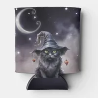 Black Halloween Cat Wearing a Witch Hat  Can Cooler