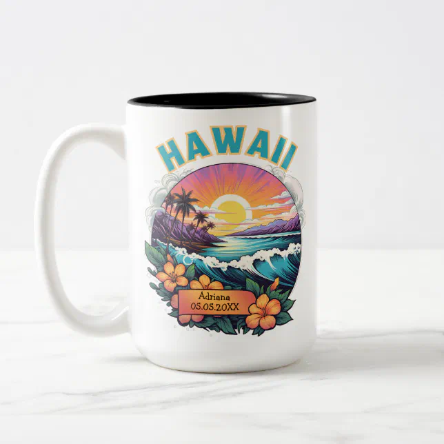 Sunset at Hawaii Beach Mountains Tropical Plumeria Two-Tone Coffee Mug