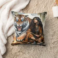 Native Woman by Campfire With Tiger Throw Pillow