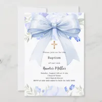 Blue bow florals boy Baptism Invitation