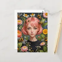 Pink Hair and Flowers With Bees Postcard