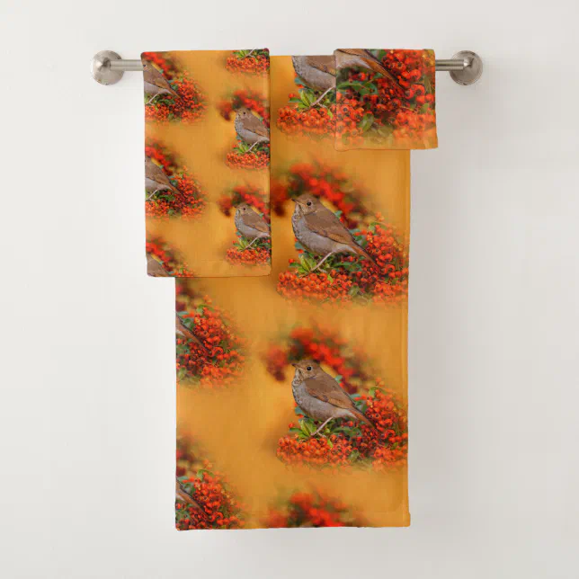 Hermit Thrush Songbird on Scarlet Firethorn Bath Towel Set