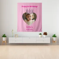 Birthday name photo pink tiara baby girl welcome tapestry