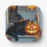 Black Cat Napping on Pumpkin Halloween  Paper Plates