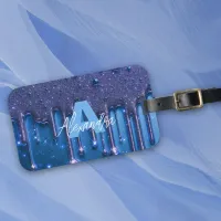 Fancy Chic Glam Blue Paint Drip Name Monogram Luggage Tag