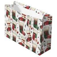 Patchwork Christmas Stockings Red Green White Large Gift Bag