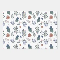 Evergreen Pinecones & Berries Green, White, Red Wrapping Paper Sheets