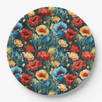Beautiful Yellow Blue and Red Flowers Pattern Paper Plates