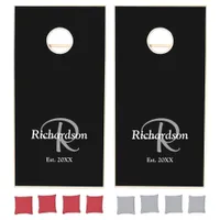Elegant Black White Silver Script Monogram Date Cornhole Set