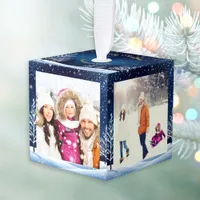 4 Photos Blue Night Sky Snowfall Merry Christmas Cube Ornament