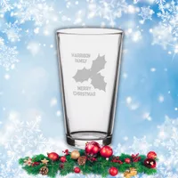 Monogram Merry Christmas with Family Name etched Pint Glass