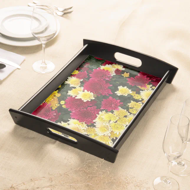 Stunning Red Gold Autumn Chrysanthemum Flowers Serving Tray