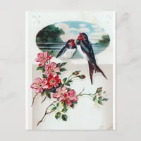 Barn Swallows and Pink Flowers Postcard