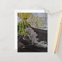 A Leafy UFO Comes For Her Mixed Media Collage Postcard