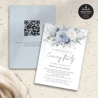 Dusty Blue Florals QR Code Wedding Evening Party Invitation