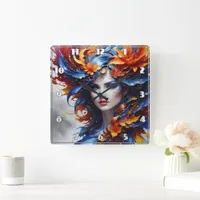 Colorful Fantasy Portrait of a Woman With Flowers Square Wall Clock