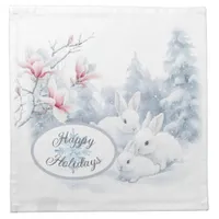 Cute White Rabbits in Snow Winter Holiday Cloth Napkin