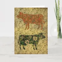 Vintage Floral Cow Collage Birthday  Card