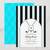 Black, White & Electric Blue Monogram Preppy Golf Invitation