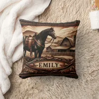 Leather Art Depicting Horse Near Rustic Barn Throw Pillow