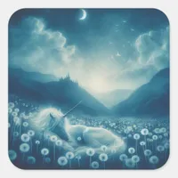 Cyanotype Sleeping Unicorn Dandelion Dreams Square Sticker