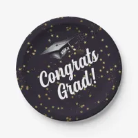 Congrats Grad Blue Gold Confetti Graduation Party Paper Plates
