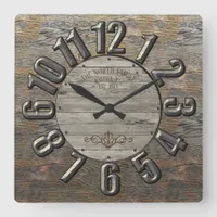 Wood and Metal Large Number w/Name Square Wall Clock