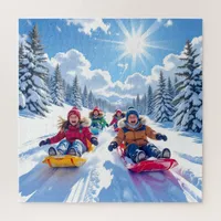 Children Gleefully Sledding Winter Fun Jigsaw Puzzle