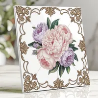 Victorian Peony Bouquet with Gold Scrollwork Ceramic Tile