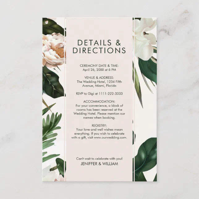 Peach White Peonies & Green Leaves Floral Wedding Enclosure Card