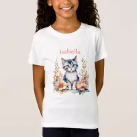 Personalized Gray Kitten in Pink Flowers T-Shirt