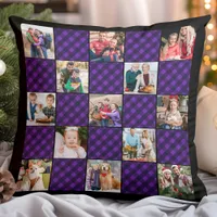 Family 13 Photo Collage Personalized Holiday Plaid Throw Pillow